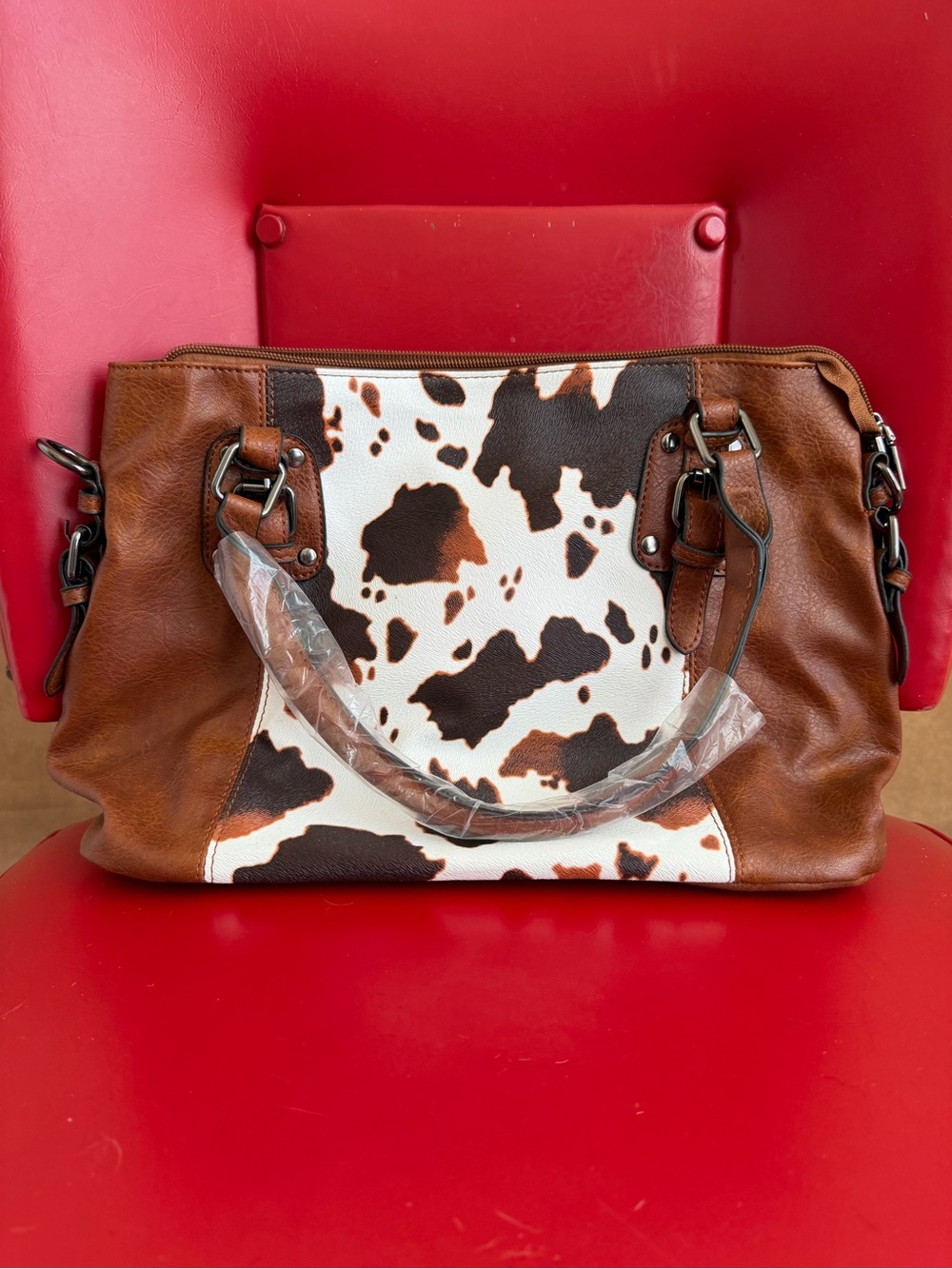 Cowhide Print Brown Leather Shoulder Bag